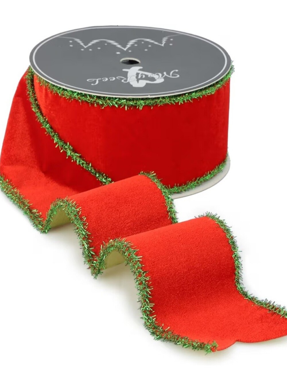 Mayreel. Festive Red Velvet Ribbon with Green Tinsel Trim. 10 yards. NWT.